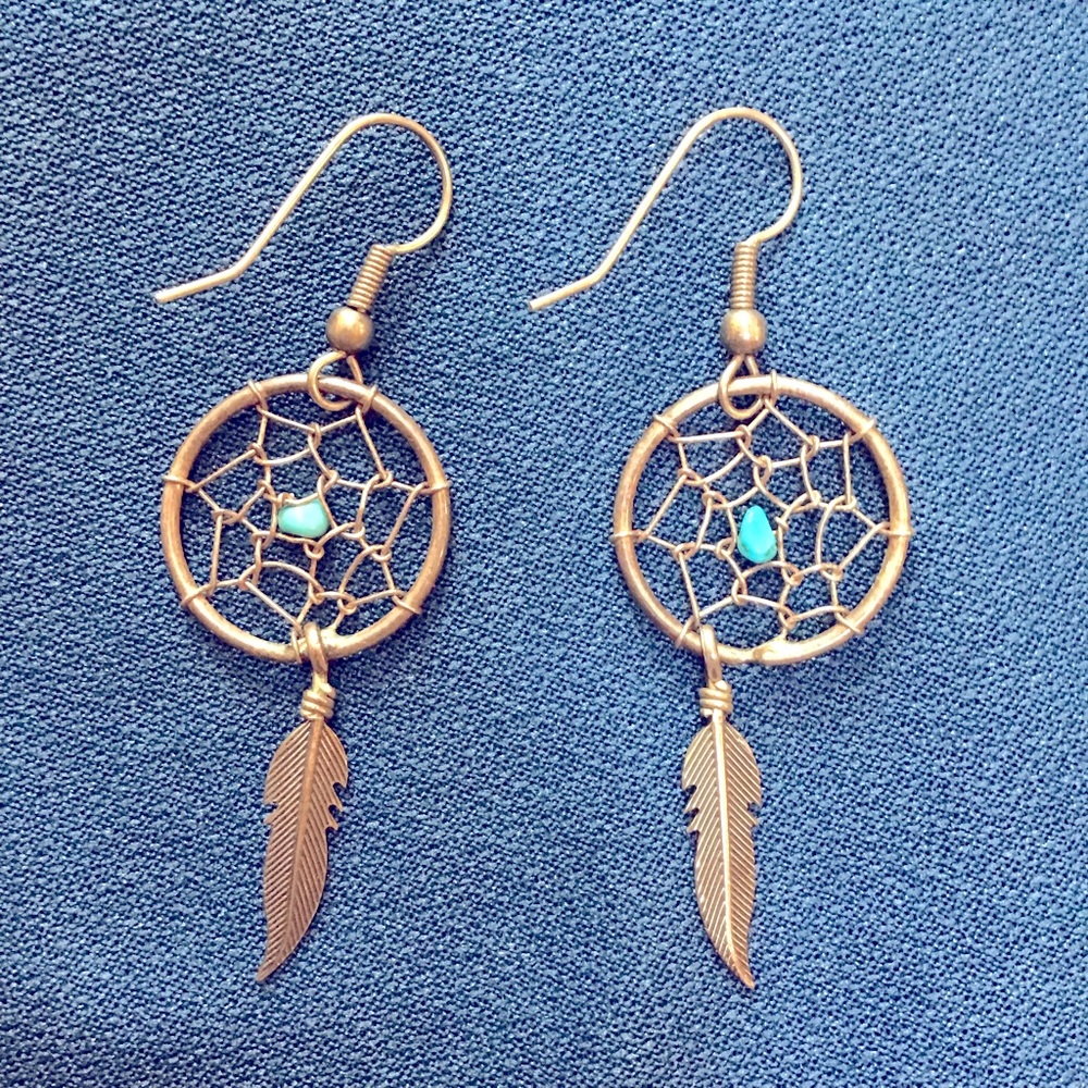 VTG Dreamcatcher Earrings Silvertone Turquoise Feather Southwestern Boho 90s
